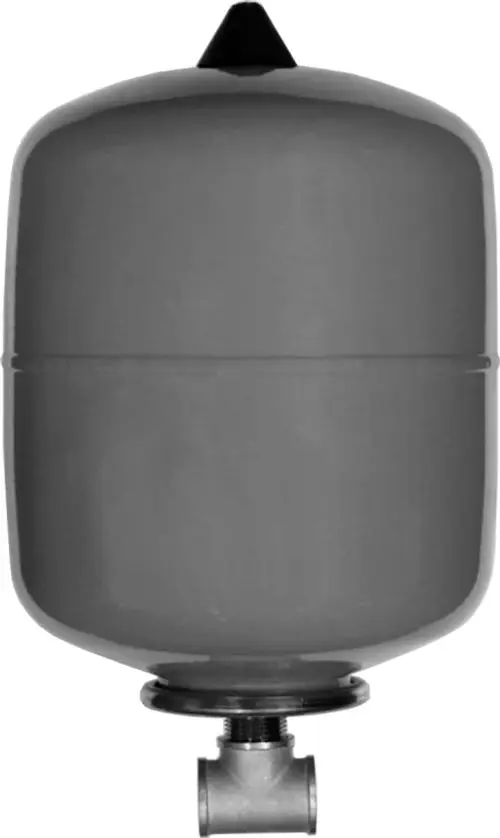 Membran-Ausdehnungsgefäß von Wolf, zylindrische Form mit Anschlussventil, geeignet für Warmwasseranwendungen. Farblich in Grautönen gehalten.